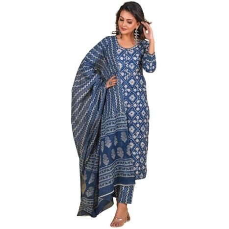 NAINVISH Women's Viscose Rayon Printed Straight Round Neck Kurta Pant with Dupatta (SD713_KBD-L_Indigo)