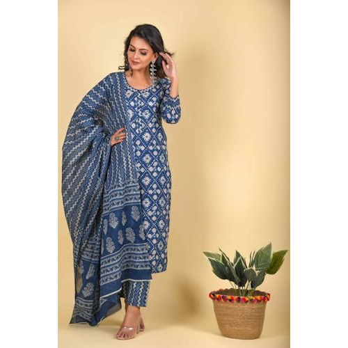NAINVISH Women's Viscose Rayon Printed Straight Round Neck Kurta Pant with Dupatta (SD713_KBD-L_Indigo)