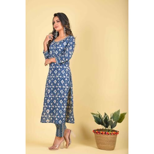 NAINVISH Women's Viscose Rayon Printed Straight Round Neck Kurta Pant with Dupatta (SD713_KBD-L_Indigo)
