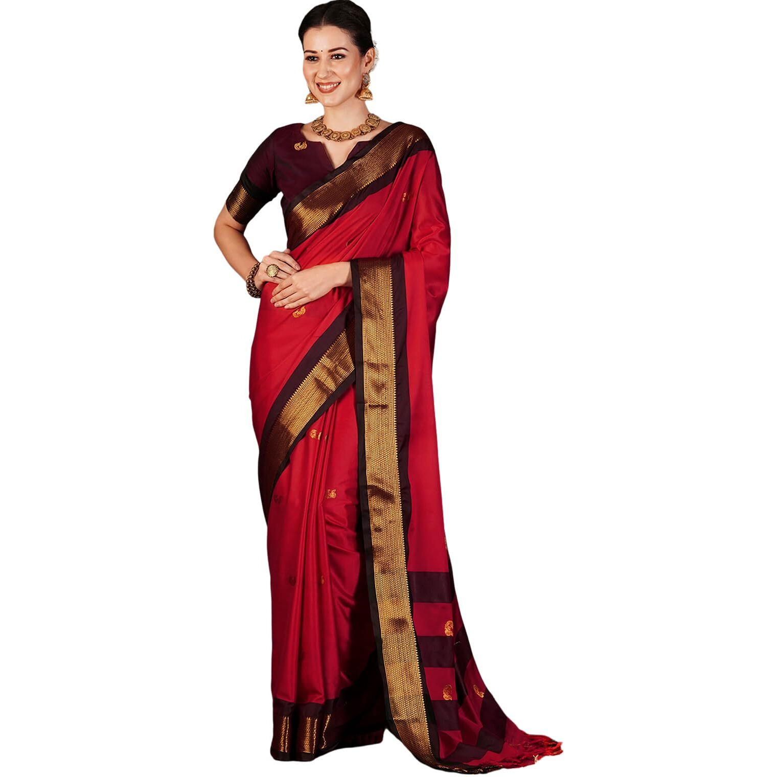 Satrani Women's Banarasi Jacquard Kanjivaram Silk Saree with Unstitched Blouse Piece (3743S111N_Red & Dark Maroon)