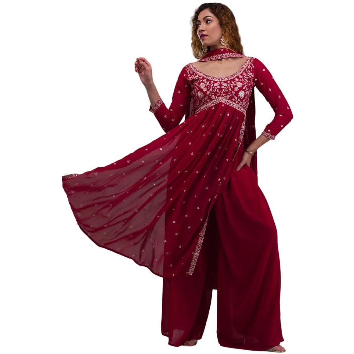 Xomantic Fashion Maroon Color Threadwork Georgette Readymade Salwar Suit (Small, Light Maroon)