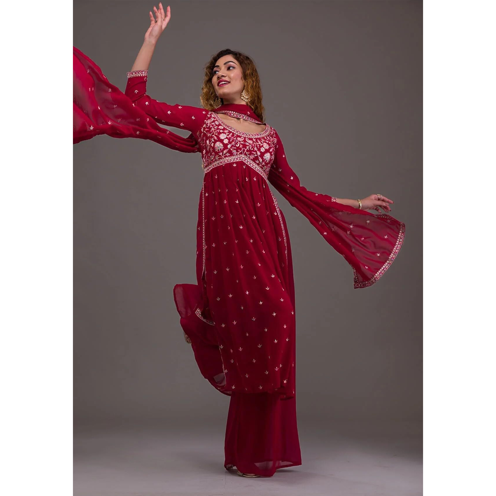 Xomantic Fashion Maroon Color Threadwork Georgette Readymade Salwar Suit (Small, Light Maroon)