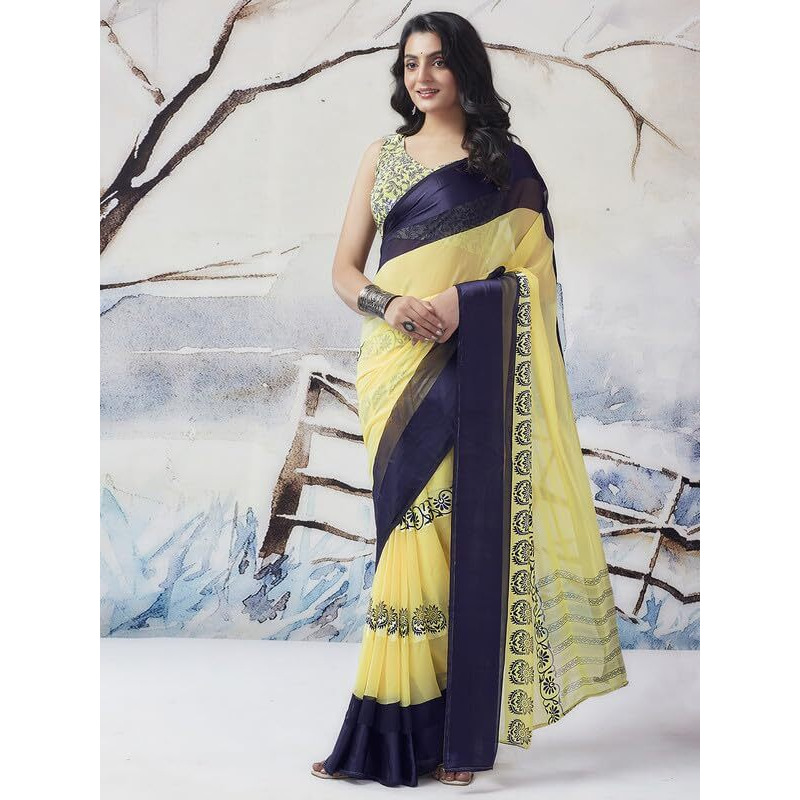 Satrani Women's Georgette Floral Printed Satin Patta Saree with Unstitched Blouse Piece (3634S117N_Light Yellow & Navy Blue)
