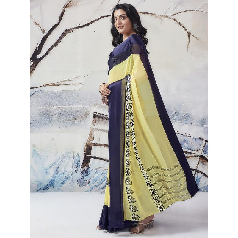 Satrani Women's Georgette Floral Printed Satin Patta Saree with Unstitched Blouse Piece (3634S117N_Light Yellow & Navy Blue)