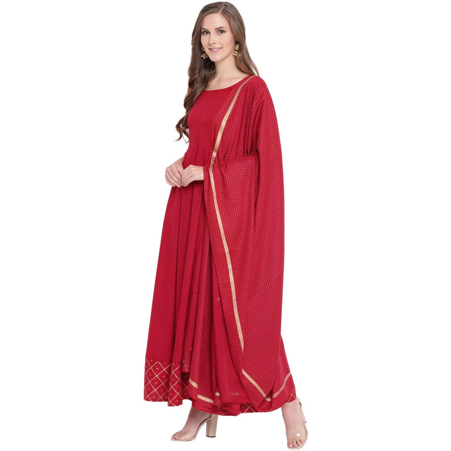 Stylum Women's Checkered Rayon Flared Kurta with Dupatta Set (Maroontrianglekdset46_Maroon, 3XL)