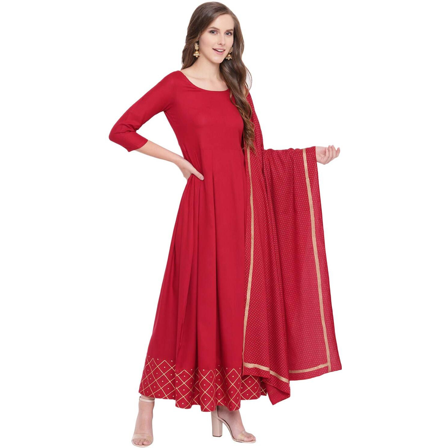 Stylum Women's Checkered Rayon Flared Kurta with Dupatta Set (Maroontrianglekdset46_Maroon, 3XL)