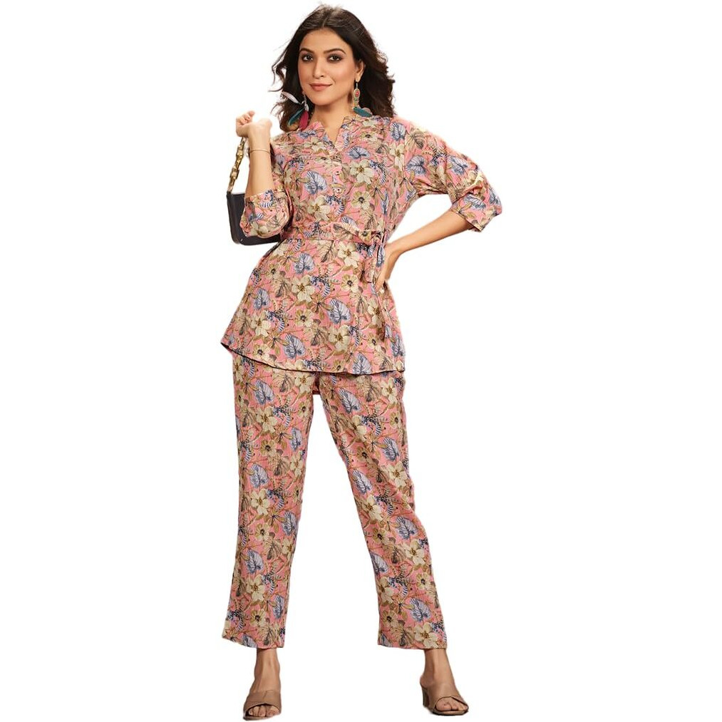 NAINVISH Ethnic Co Ord Set | Casual Wear Pant Top Set | Fancy Co-Ord Set | Full Pair Set | Women Kurta Sets Kurtis | Women Kurta Pant Set | Coord Sets for Women (SD604_KB-XXL_Sea Pink)