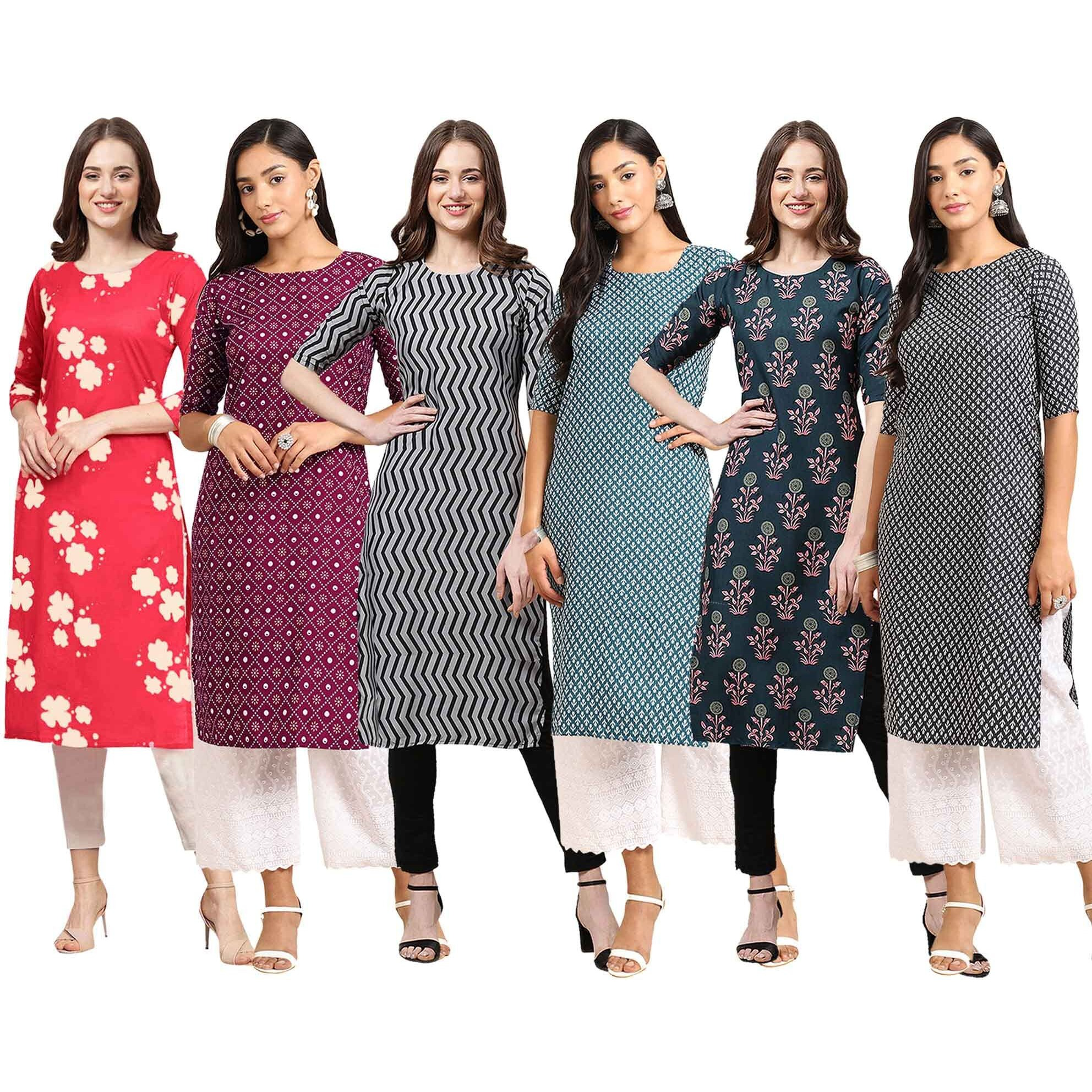 Pinkmint Women's Crepe Digital Print Straight Kurta [Pack of 6]