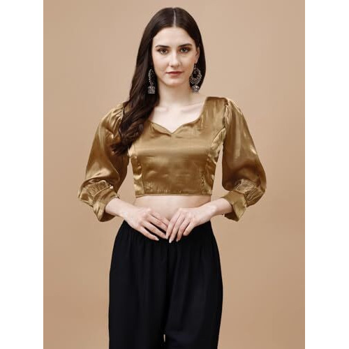 Womanista Women's Synthetic Solid Three-Quarter Sleeves Regular Fit Sequinned Blouse (BL_14A_Copper S)