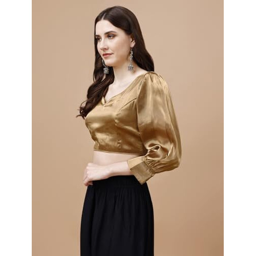Womanista Women's Synthetic Solid Three-Quarter Sleeves Regular Fit Sequinned Blouse (BL_14A_Copper S)