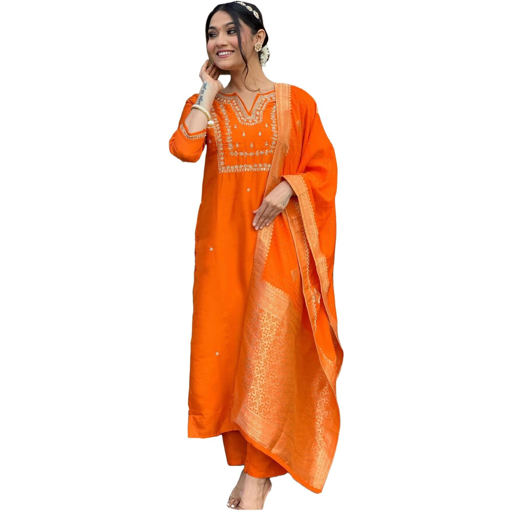 GoSriKi Women's Rayon Blend Straight Embroidered Kurta with Pant & Dupatta (MANUSHI Orange-VKS01-GS_M_Orange_Medium)