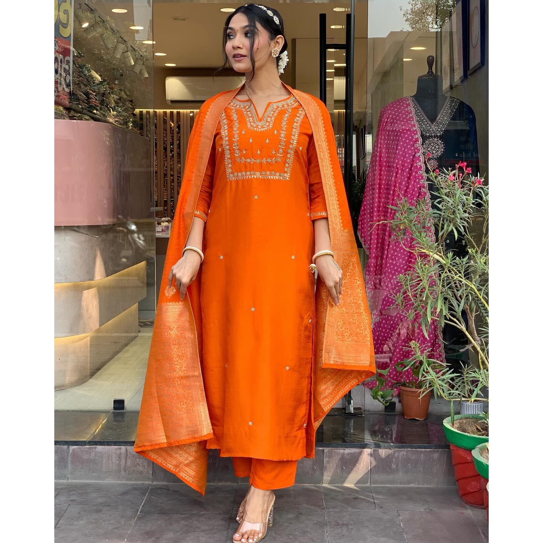 GoSriKi Women's Rayon Blend Straight Embroidered Kurta with Pant & Dupatta (MANUSHI Orange-VKS01-GS_M_Orange_Medium)