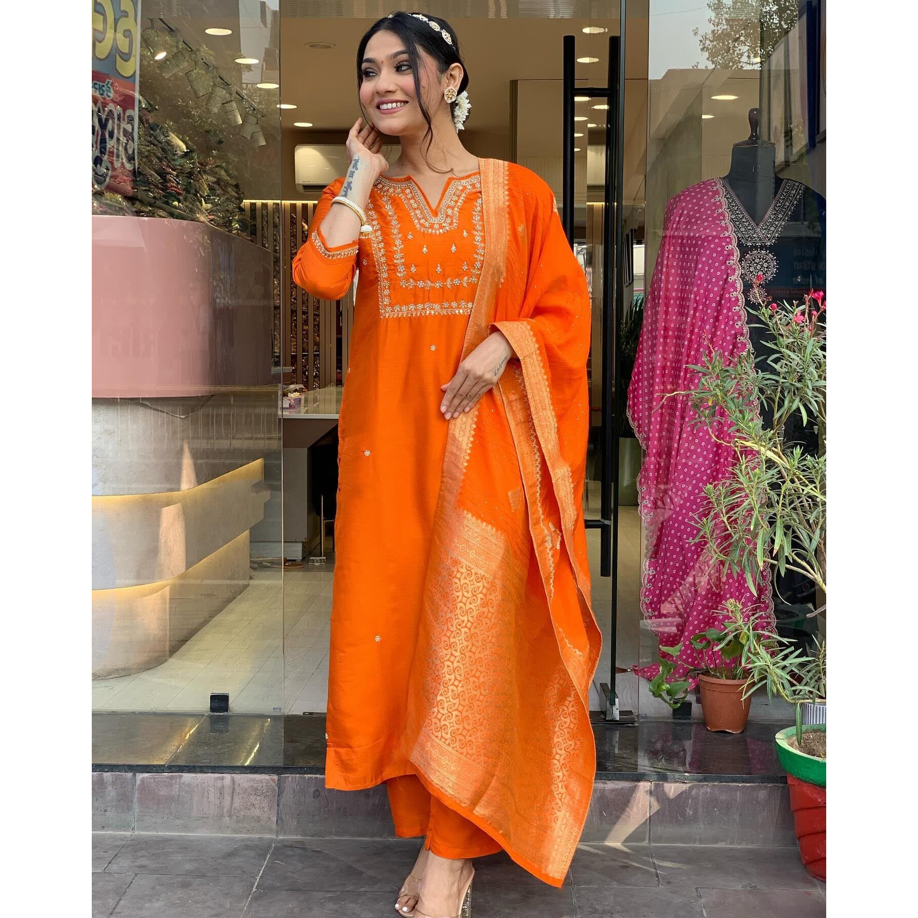 GoSriKi Women's Rayon Blend Straight Embroidered Kurta with Pant & Dupatta (MANUSHI Orange-VKS01-GS_M_Orange_Medium)