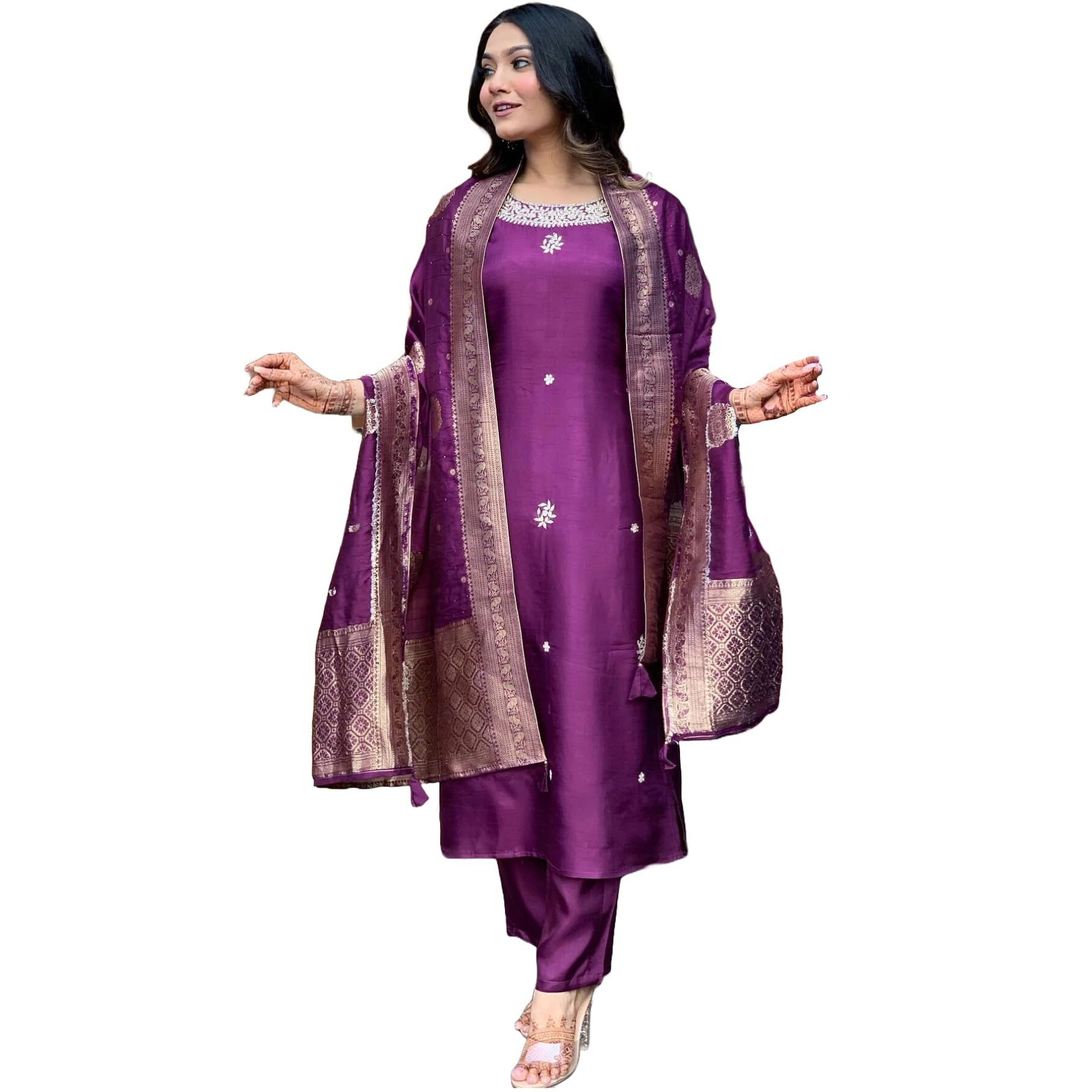 ANNI DESIGNER Women's Cotton Blend Straight Embroidered Kurta with Pant & Dupatta (Beyond Purple_XL_Purple_X-Large)