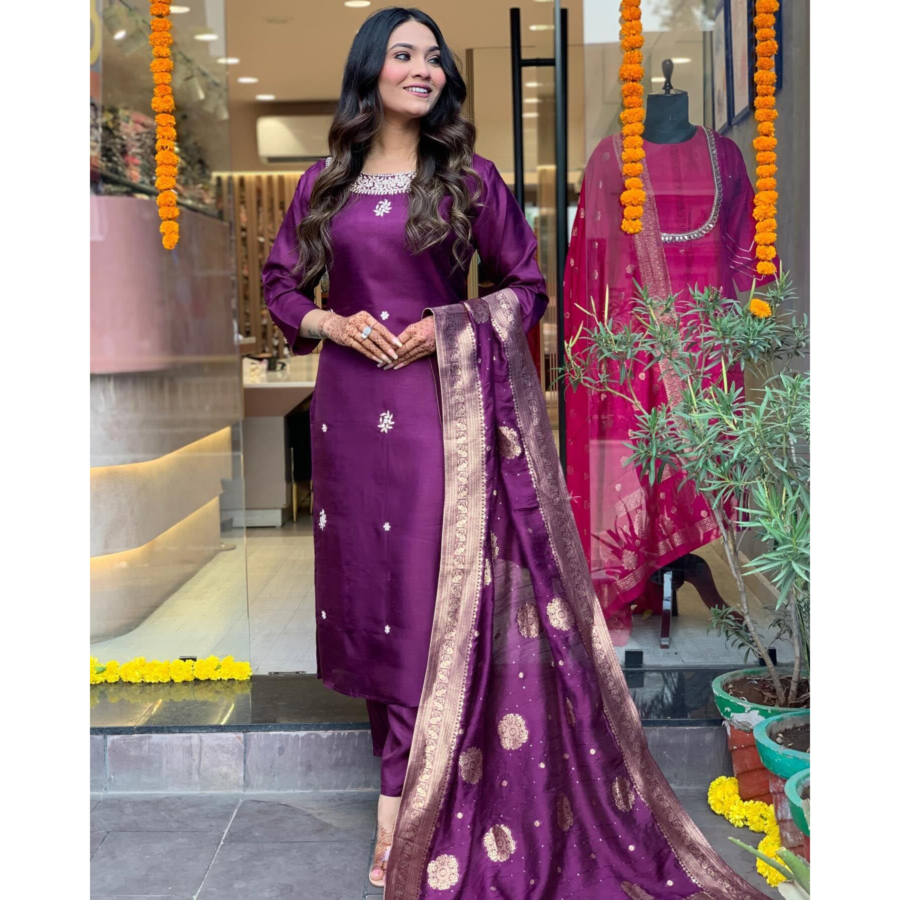 ANNI DESIGNER Women's Cotton Blend Straight Embroidered Kurta with Pant & Dupatta (Beyond Purple_XL_Purple_X-Large)