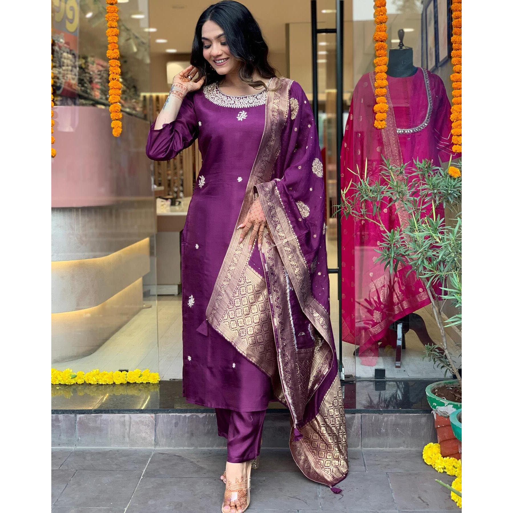 ANNI DESIGNER Women's Cotton Blend Straight Embroidered Kurta with Pant & Dupatta (Beyond Purple_XL_Purple_X-Large)