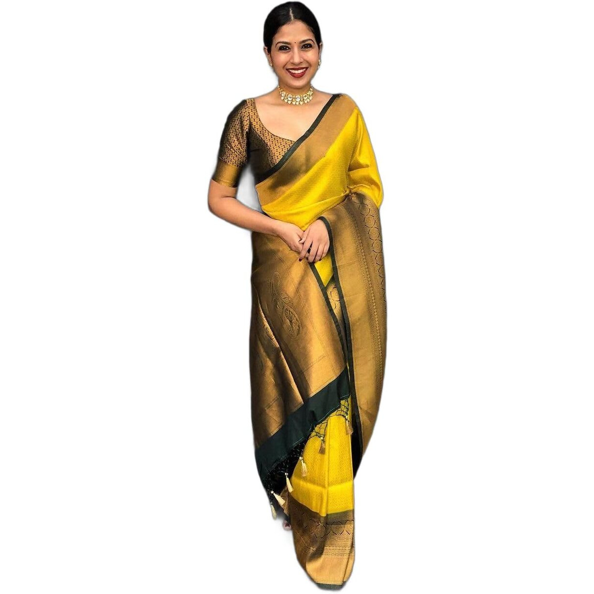 Anjaneya Sarees Woven Banarasi Kanjivaram Silk Saree with Blouse Piece (Yellow)