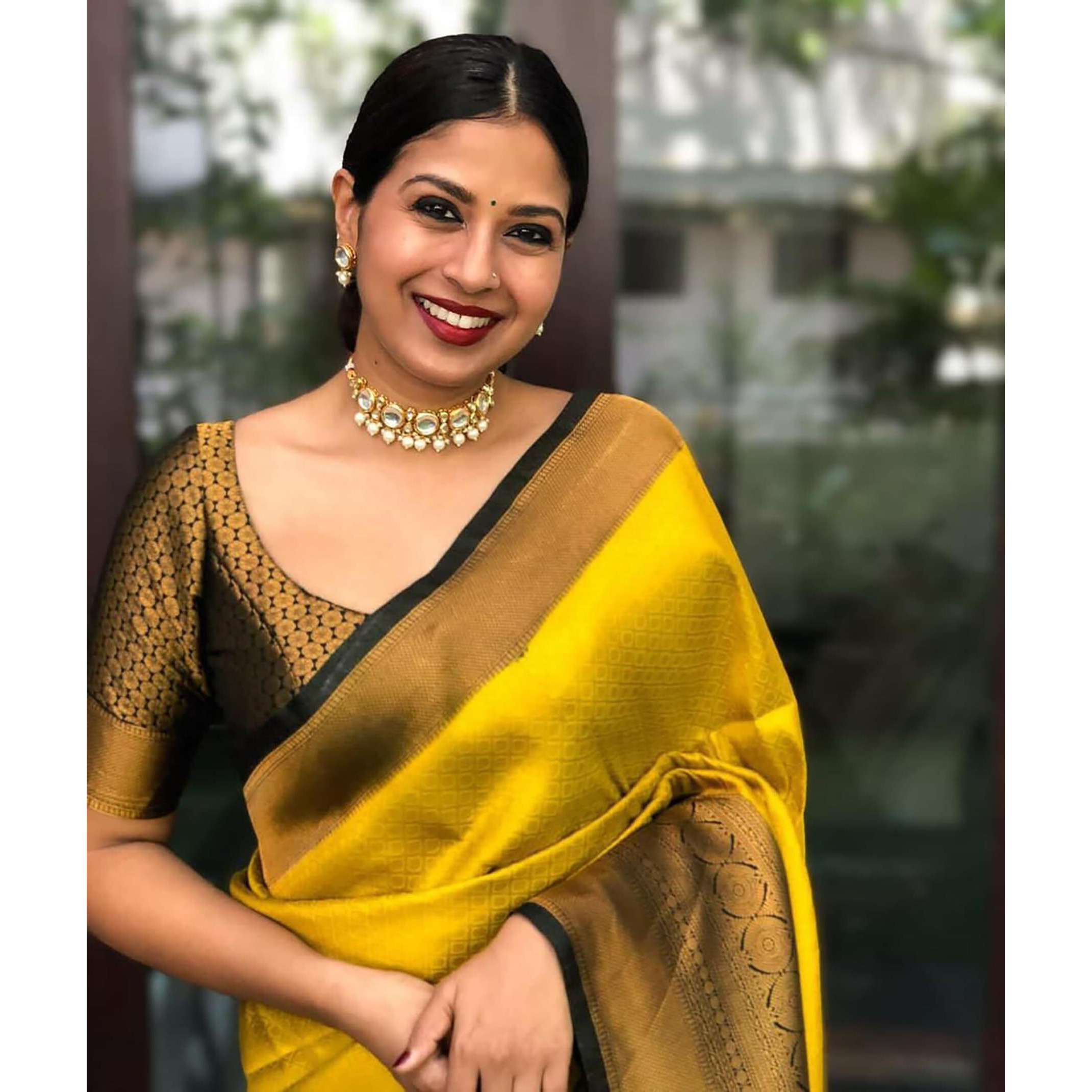 Anjaneya Sarees Woven Banarasi Kanjivaram Silk Saree with Blouse Piece (Yellow)
