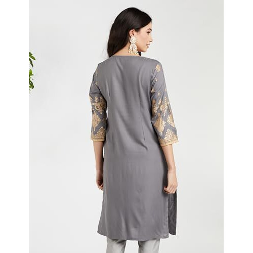 Amazon Brand - Myx Women's Rayon Regular Kurta (MYX-AW23-KU-09_Charcoal Grey_XL)