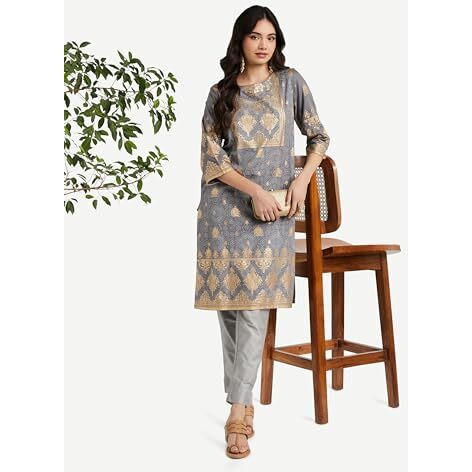 Amazon Brand - Myx Women's Rayon Regular Kurta (MYX-AW23-KU-09_Charcoal Grey_XL)