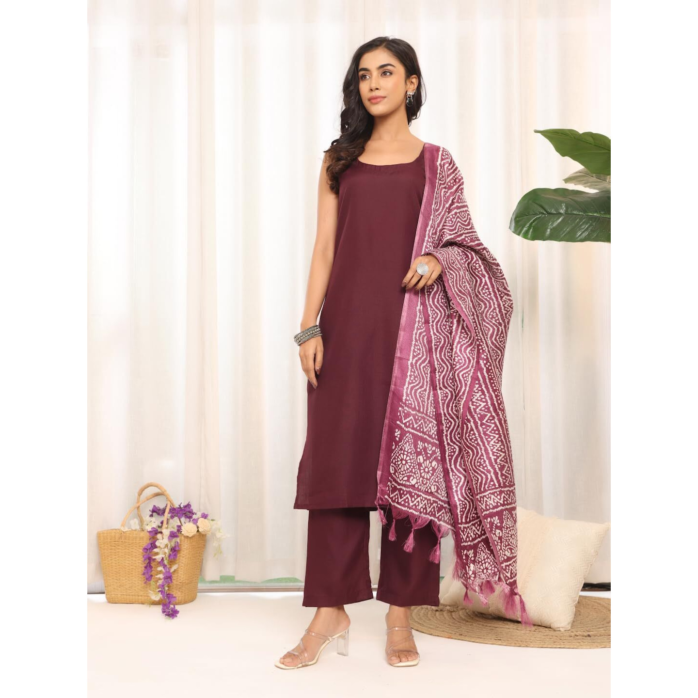Varanga Women's Violet Strap Kurta with Tonal Bottom & Printed Dupatta  Round Neck, Side Slit Design for Elegant Look