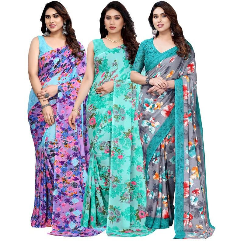 Satrani Women's Geoegette Saree With Unstitched Blouse Piece Combo Pack Of 3 (3199S2285N_2041S576N_3201S2297N_Multi | Aqua Blue | Grey3)