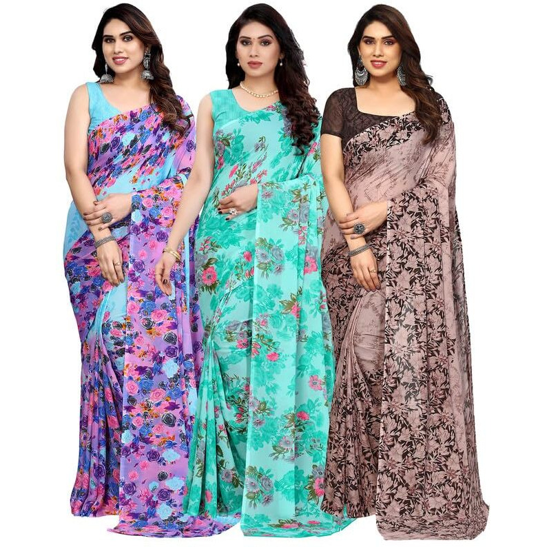 Satrani Women's Geoegette Saree With Unstitched Blouse Piece Combo Pack Of 3 (3199S2285N_2041S576N_3112S2156N_Multi | Aqua Blue | Brown)