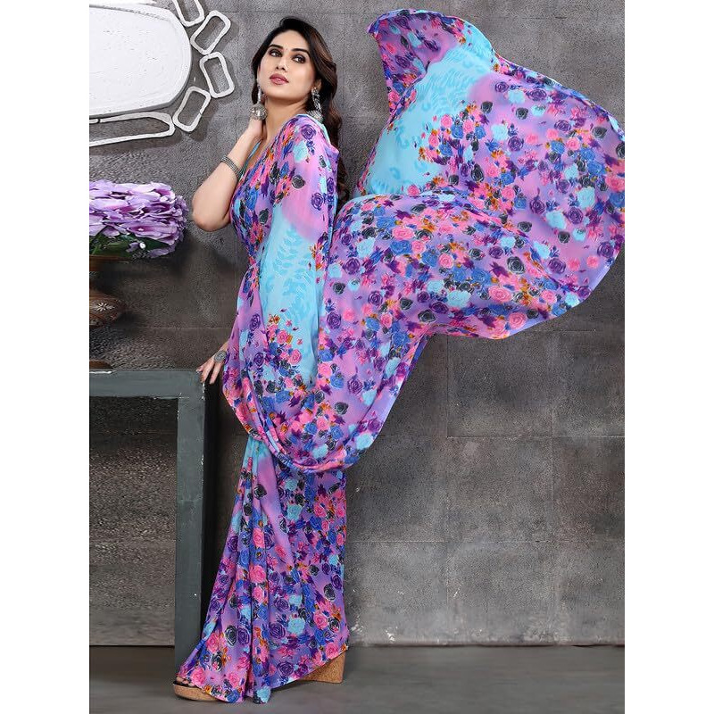 Satrani Women's Geoegette Saree With Unstitched Blouse Piece Combo Pack Of 3 (3199S2285N_2041S576N_3112S2156N_Multi | Aqua Blue | Brown)