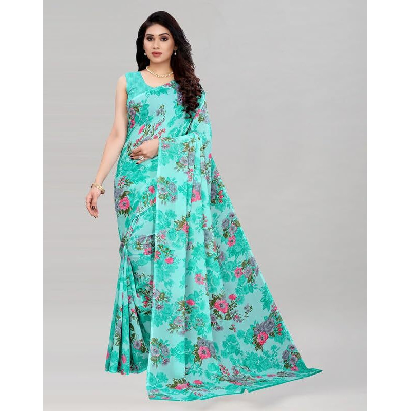 Satrani Women's Geoegette Saree With Unstitched Blouse Piece Combo Pack Of 3 (3199S2285N_2041S576N_3112S2156N_Multi | Aqua Blue | Brown)