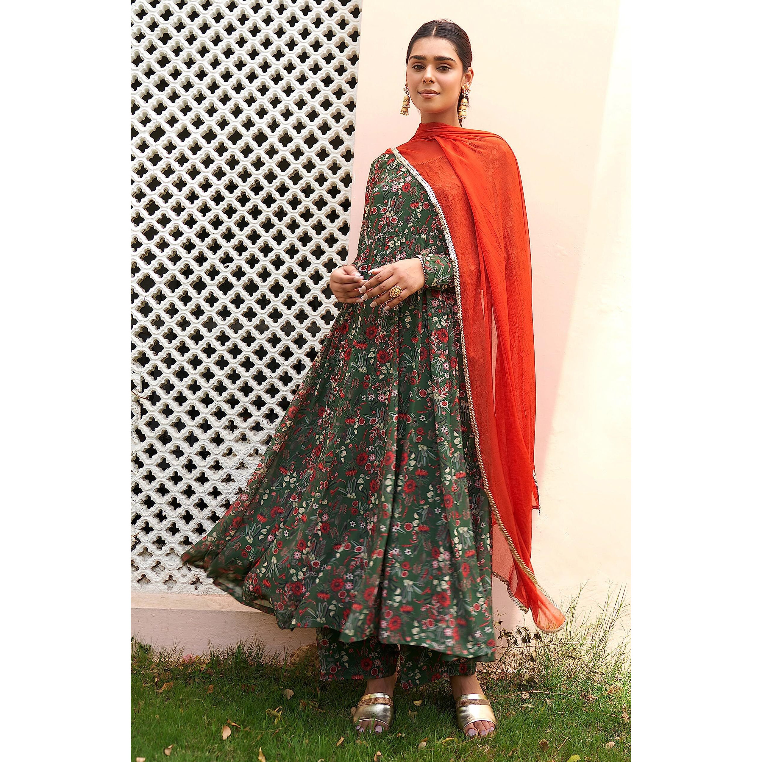 Janasya Women's Bottle Green Georgette Digital Floral Printed Kurta with Palazzo and Dupatta(SET821-KR-PP-R-XL)