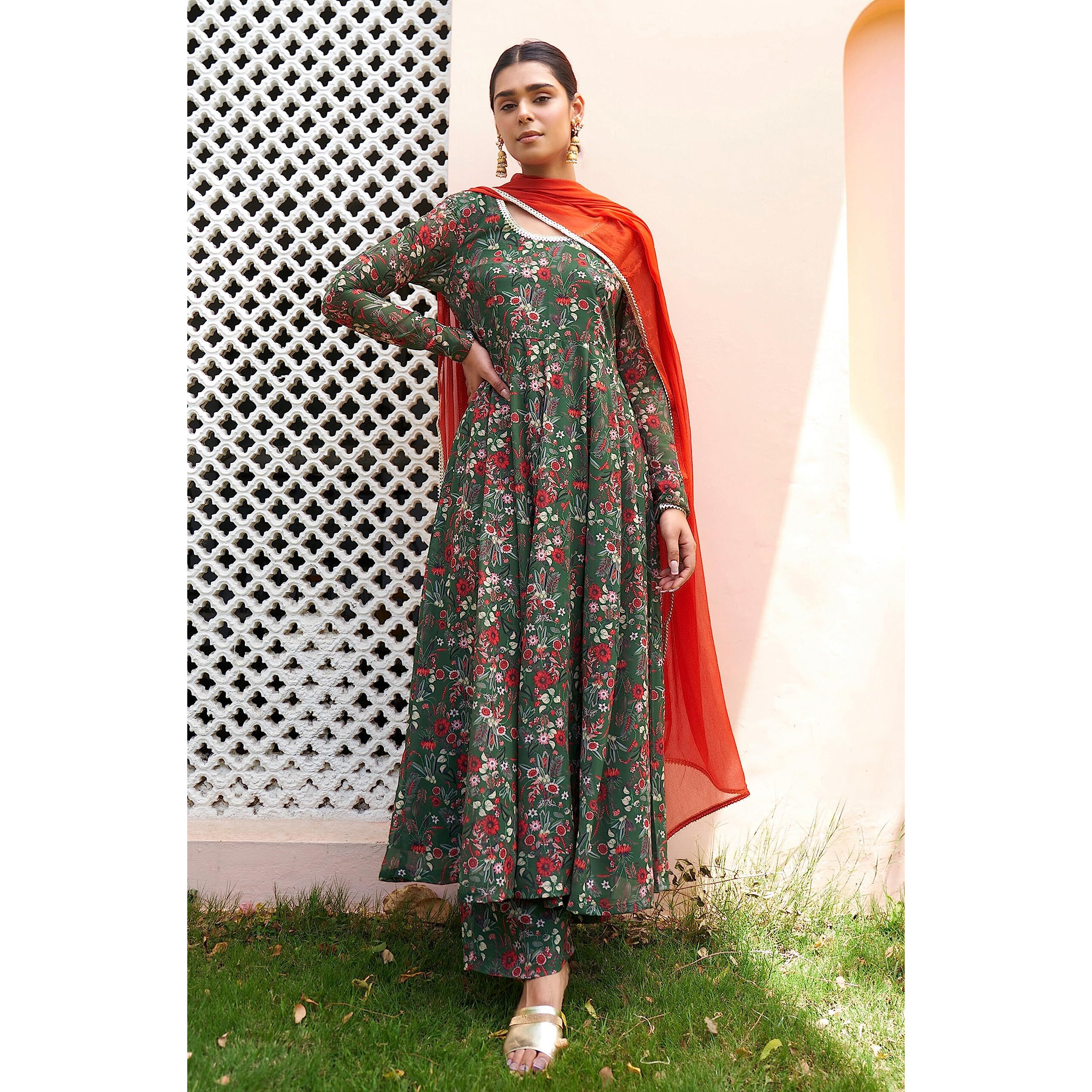 Janasya Women's Bottle Green Georgette Digital Floral Printed Kurta with Palazzo and Dupatta(SET821-KR-PP-R-XL)