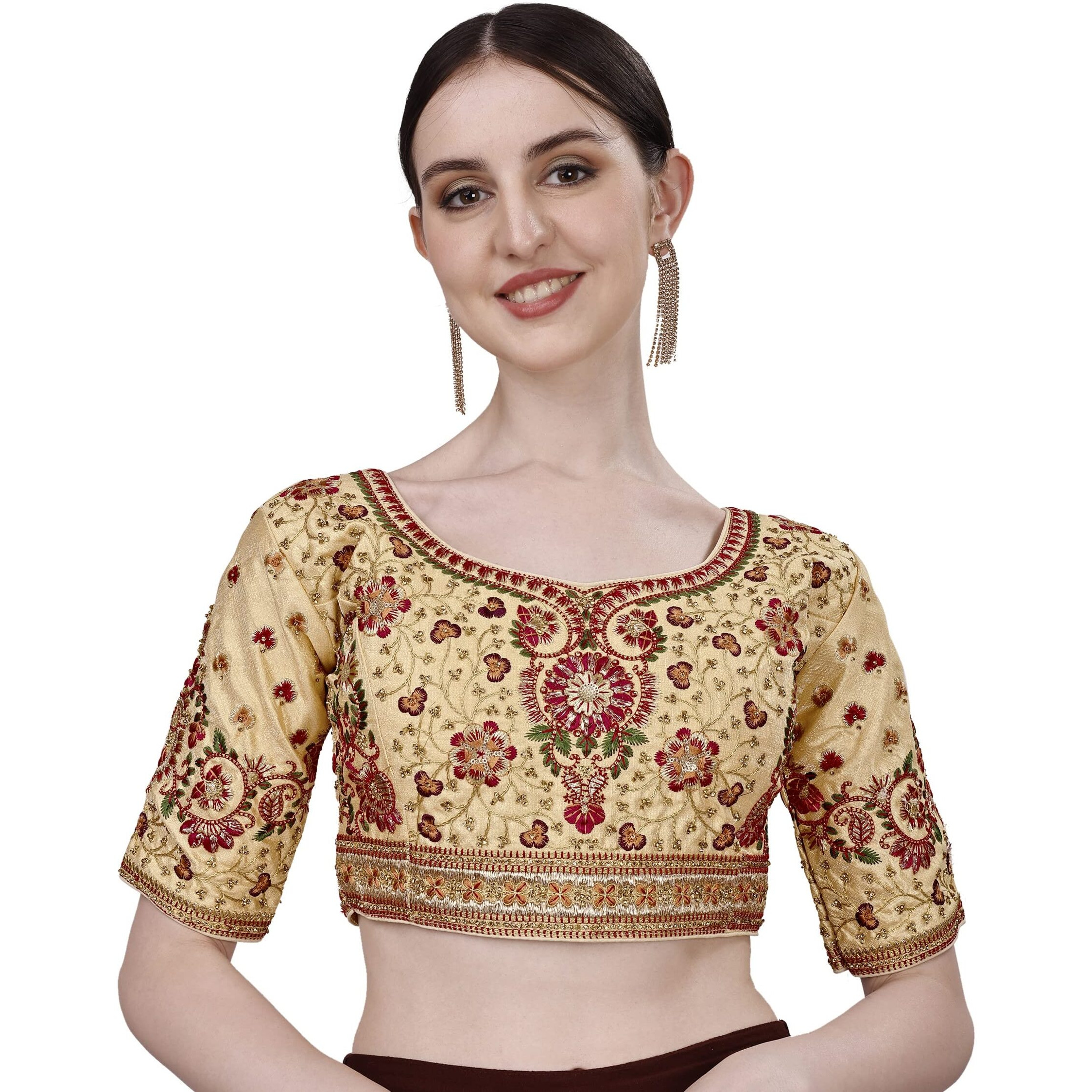 Vihu Fashion Women's Heavy Multi Codding Embroidery with Diamond Work Half Sleeve Cream Trendy Blouse(Heer Cream_38)