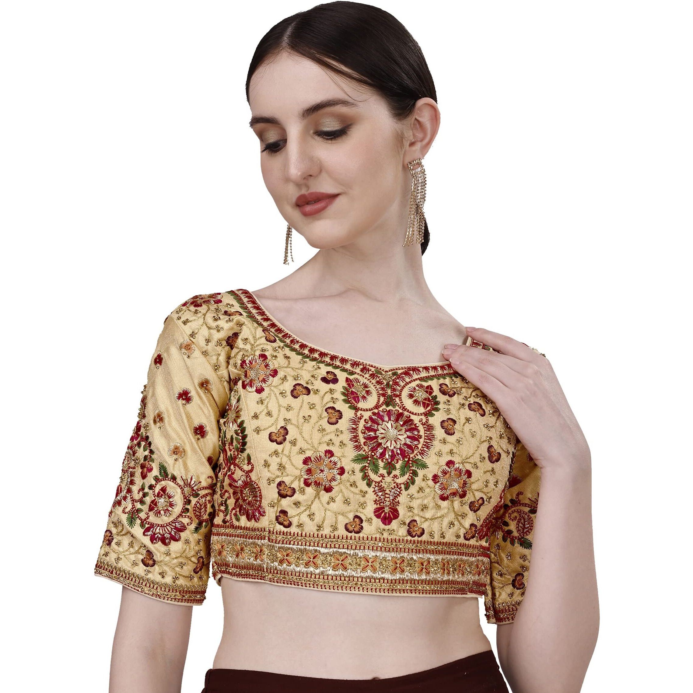 Vihu Fashion Women's Heavy Multi Codding Embroidery with Diamond Work Half Sleeve Cream Trendy Blouse(Heer Cream_38)