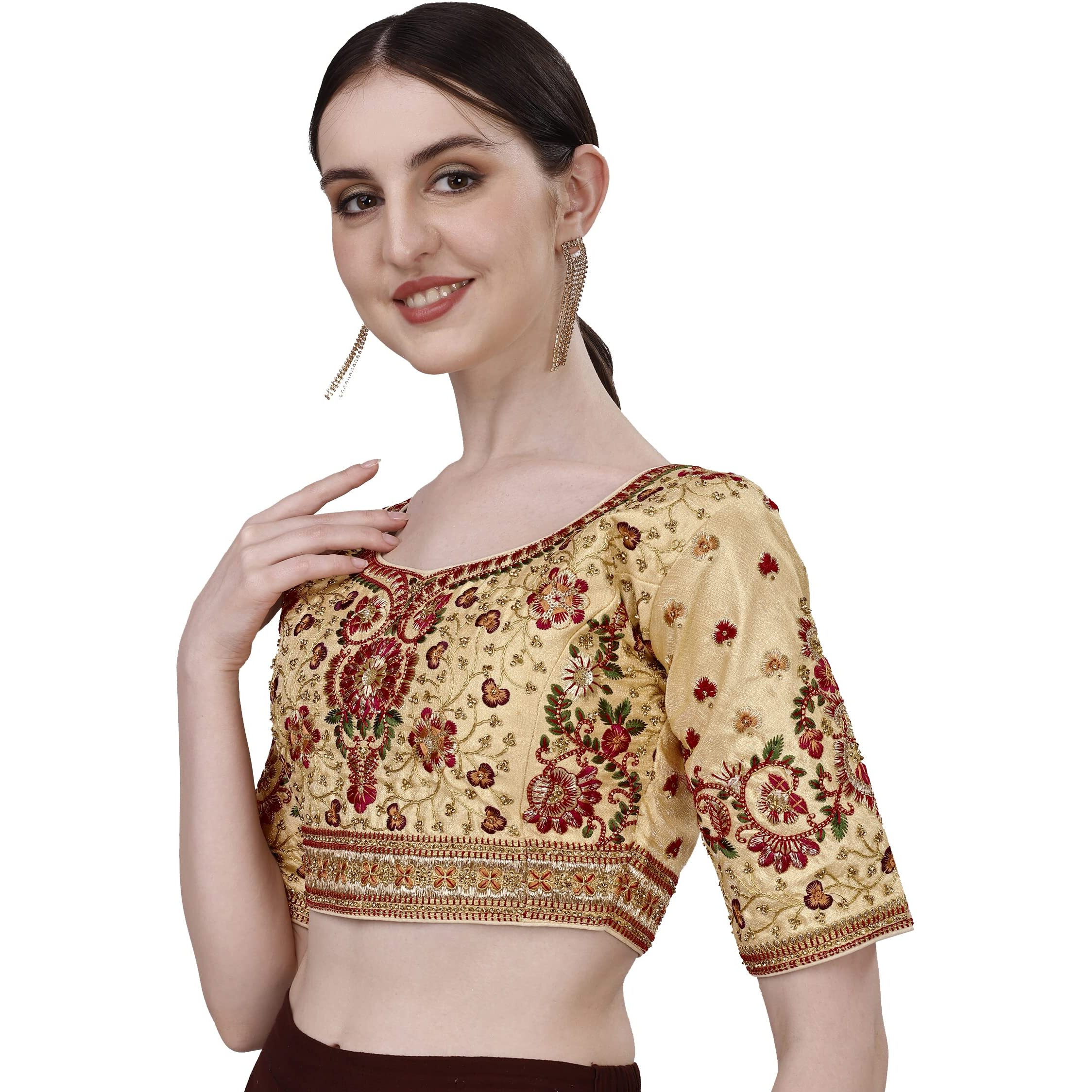Vihu Fashion Women's Heavy Multi Codding Embroidery with Diamond Work Half Sleeve Cream Trendy Blouse(Heer Cream_38)