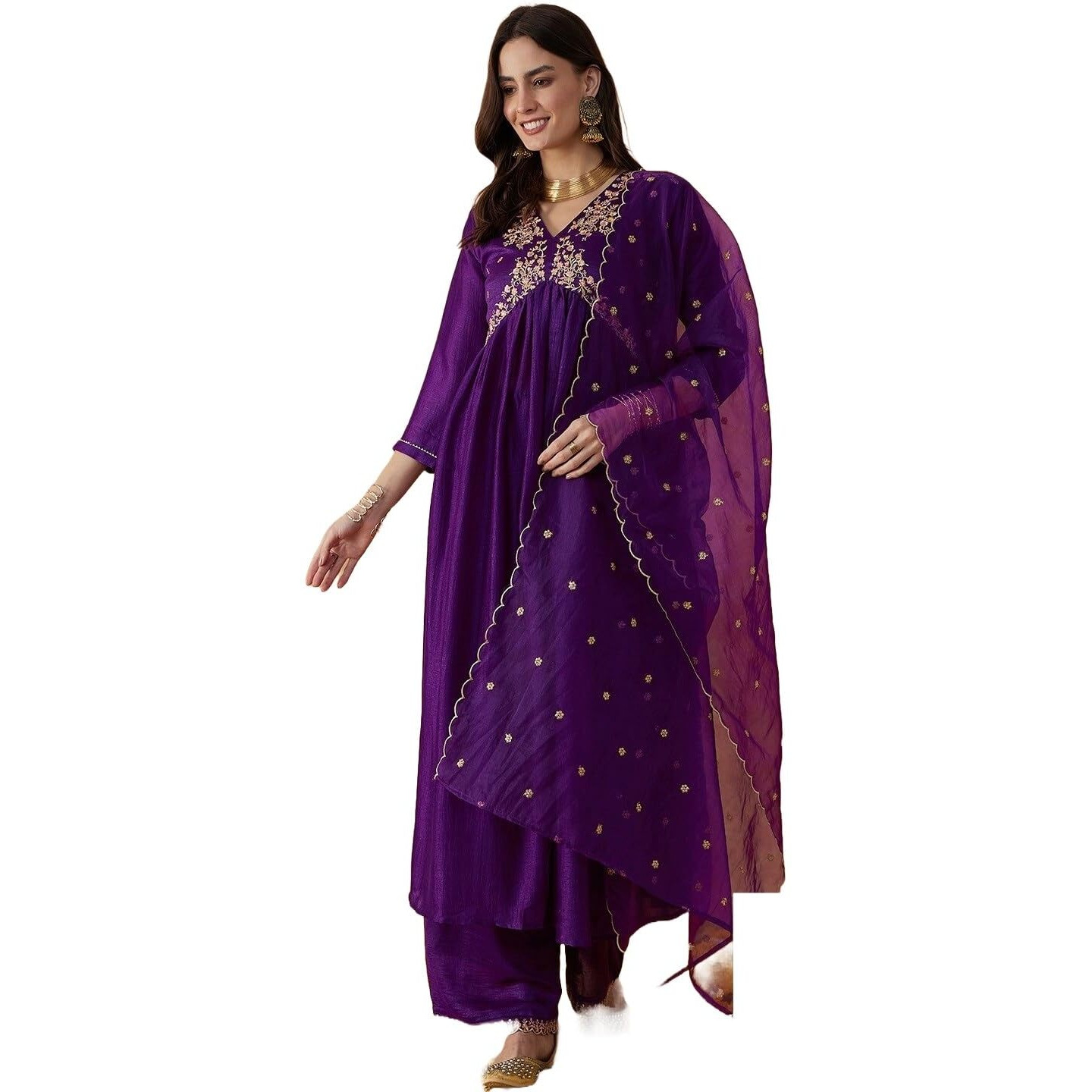 Alvami Women Embroidery Kurta and Pant Set With Dupatta | Wedding Suit | Festival Wear | (IN, Alpha, XL, Purple)