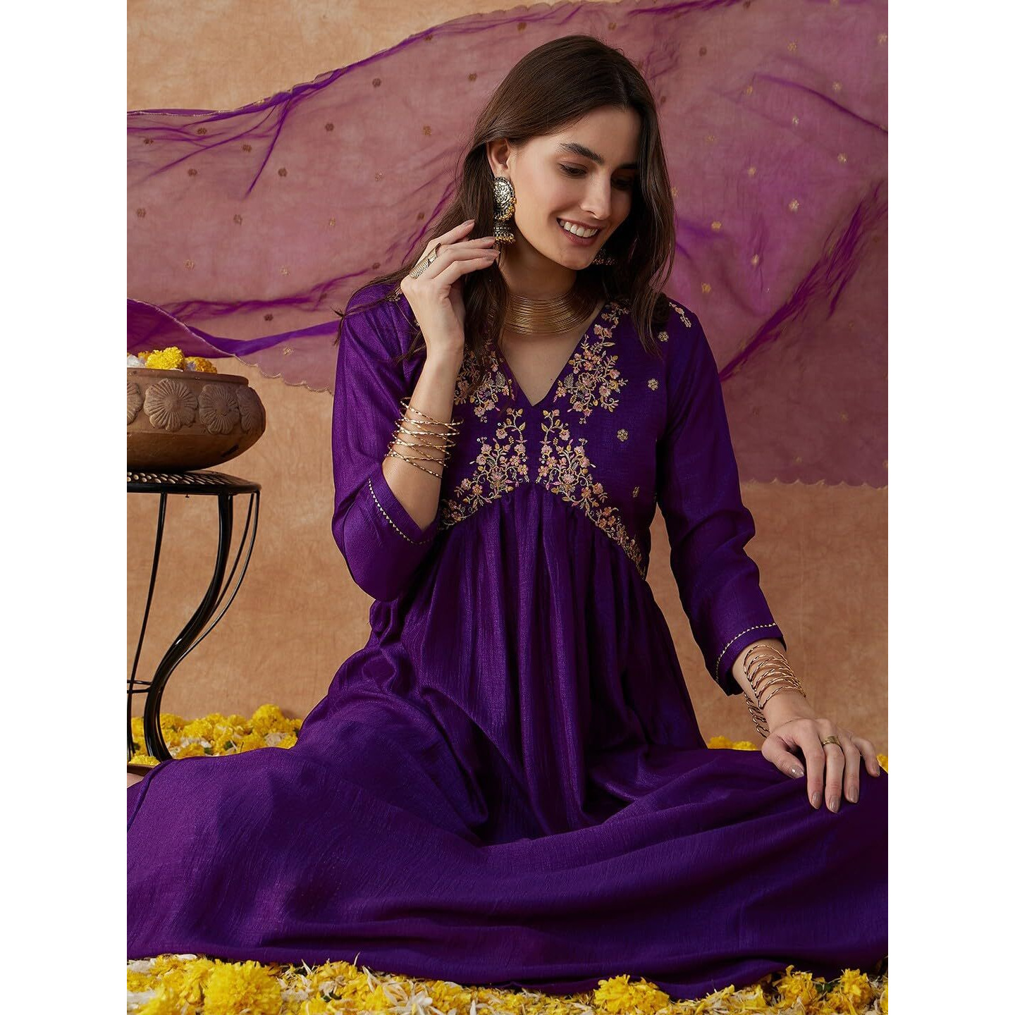 Alvami Women Embroidery Kurta and Pant Set With Dupatta | Wedding Suit | Festival Wear | (IN, Alpha, XL, Purple)