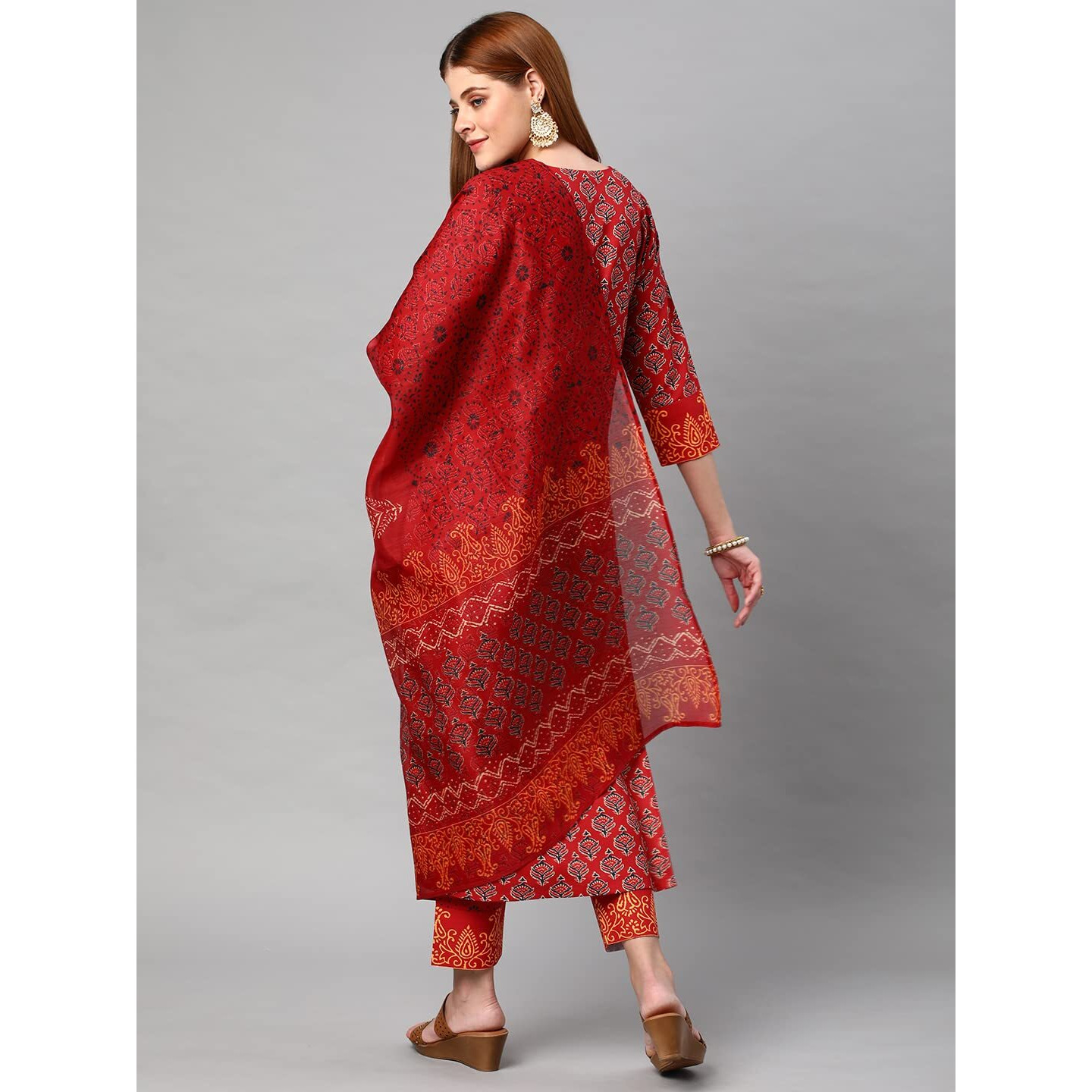 GoSriKi Women's Cotton Blend Printed Kurta and Pant with Dupatta Set (Shank-Maroon-Nw-GS_S_Maroon_Small)