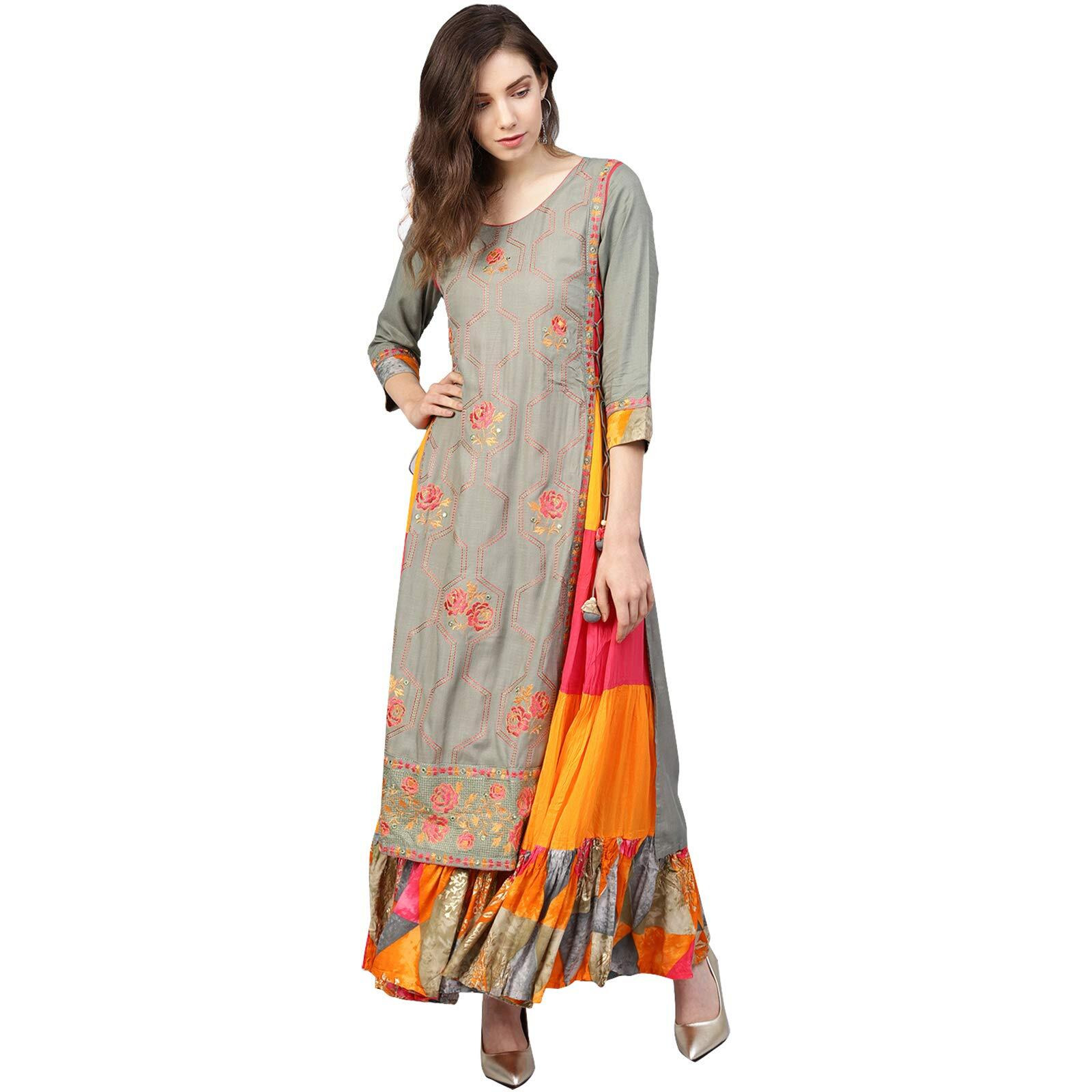 ishin Women's Rayon Grey & Pink Embroidered Anarkali Kurta