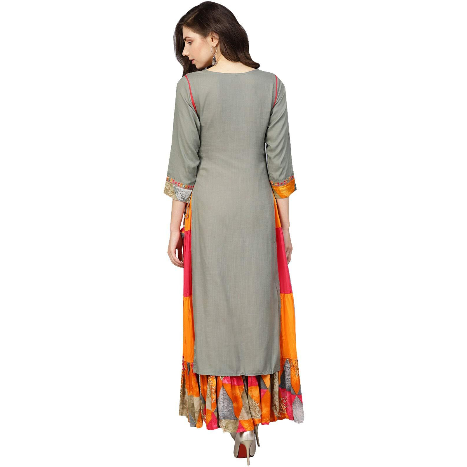 ishin Women's Rayon Grey & Pink Embroidered Anarkali Kurta