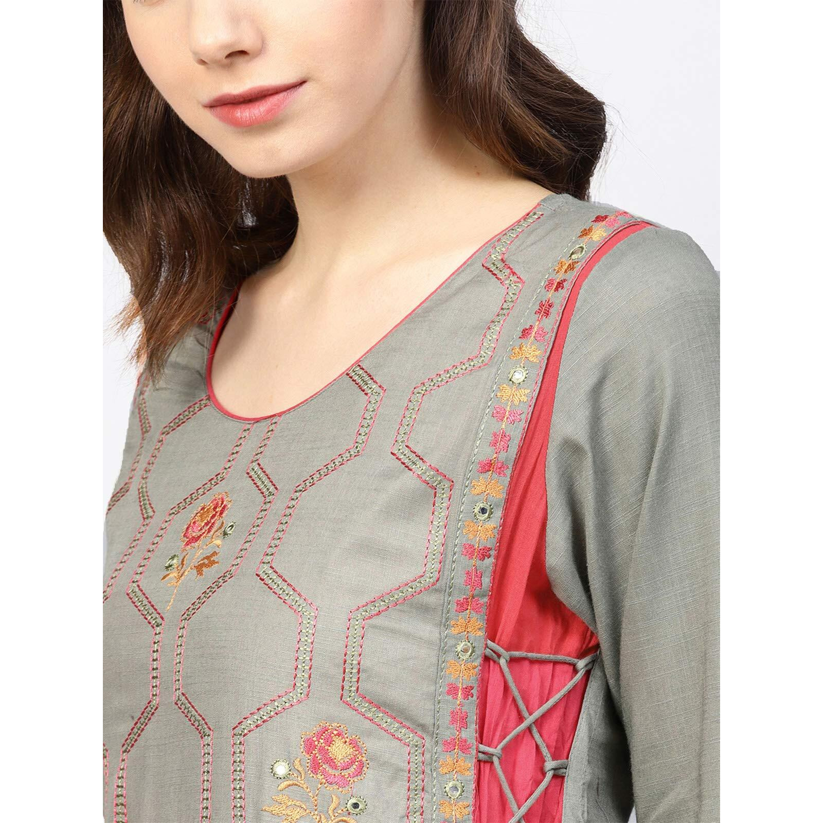 ishin Women's Rayon Grey & Pink Embroidered Anarkali Kurta