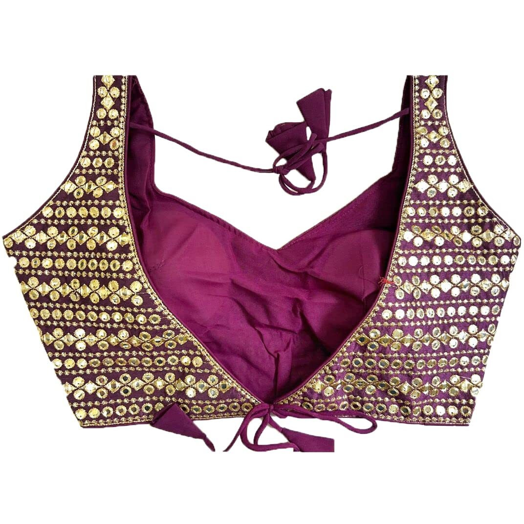 Vihu Fashion Womens Readymade Sweetheart Neck Sleeveless Mirror Saree Blouse.(Paper Foil Wine_38)