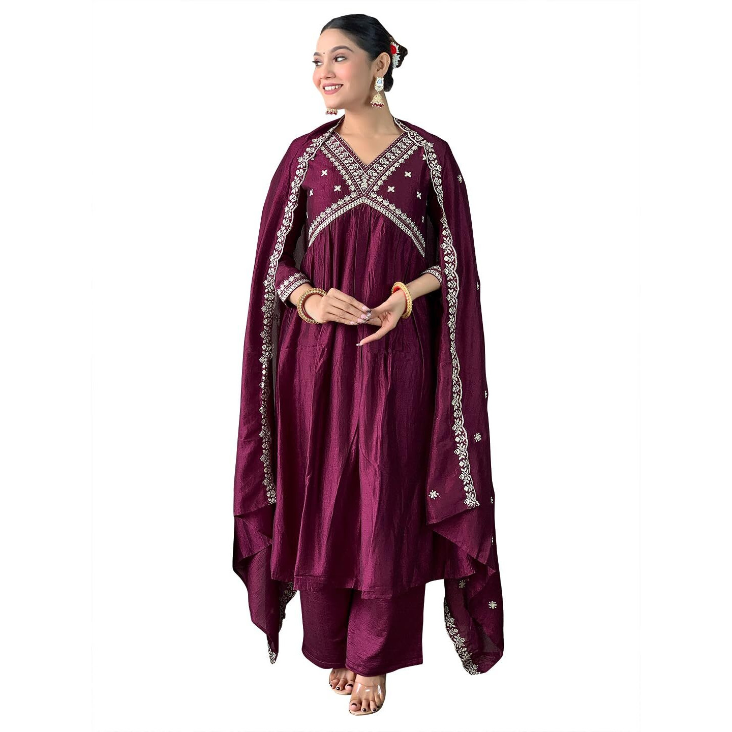 Naixa Women's Wine Vichitra Silk Embroidered Straight Kurta with Viscose Silk Pant and Chinon Embroidered Laced Dupatta Sets (NX-562-Wine-XXL)