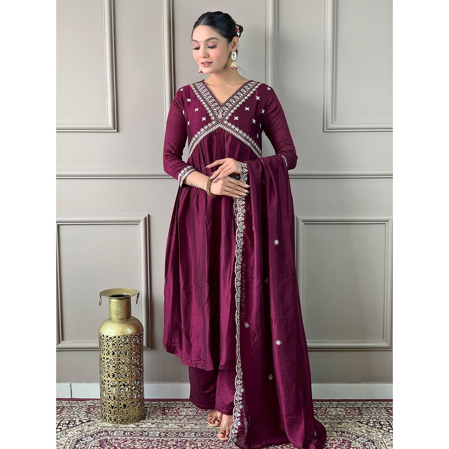 Naixa Women's Wine Vichitra Silk Embroidered Straight Kurta with Viscose Silk Pant and Chinon Embroidered Laced Dupatta Sets (NX-562-Wine-XXL)
