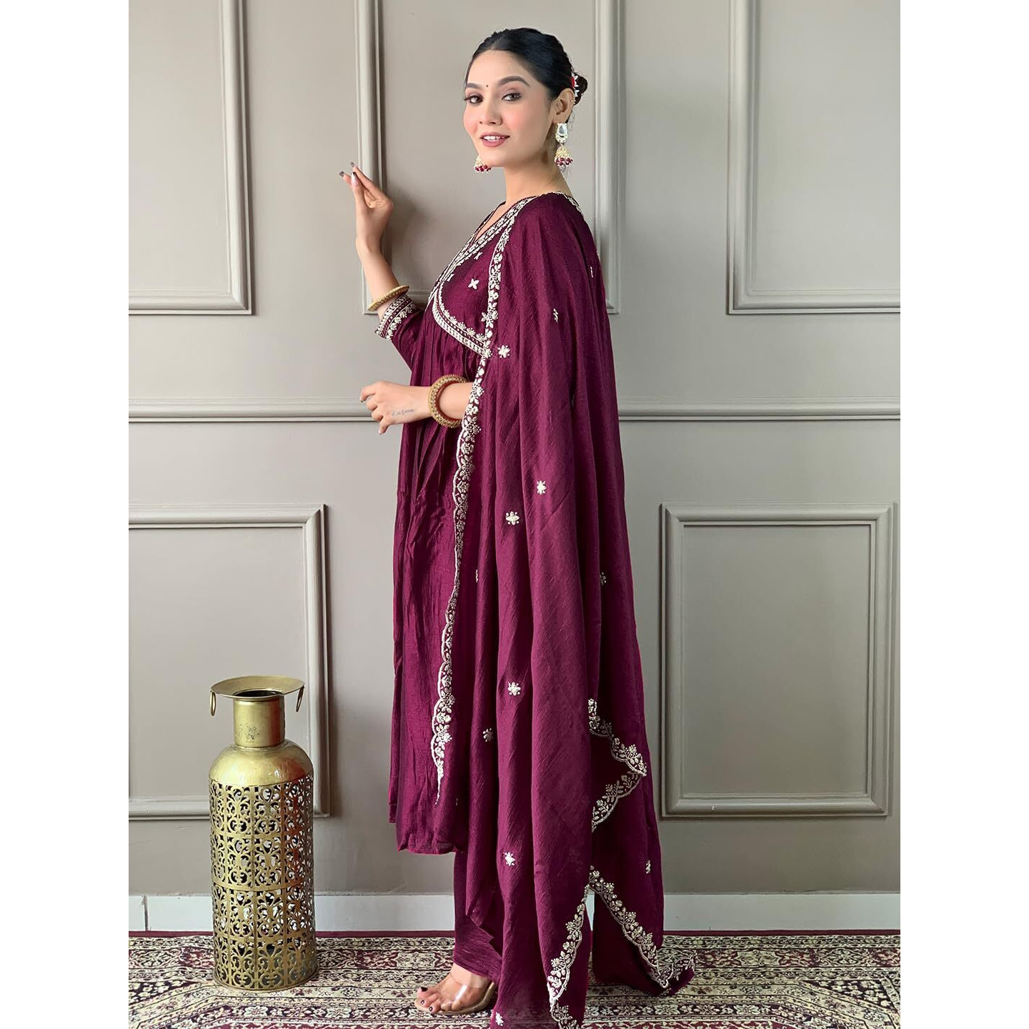 Naixa Women's Wine Vichitra Silk Embroidered Straight Kurta with Viscose Silk Pant and Chinon Embroidered Laced Dupatta Sets (NX-562-Wine-XXL)