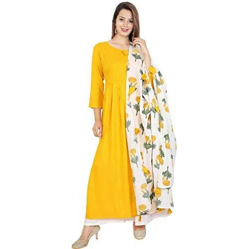 Stylum Women's Solid Rayon Flared Kurta Dupatta Set (YellowRoseStole38_Yellow, M)