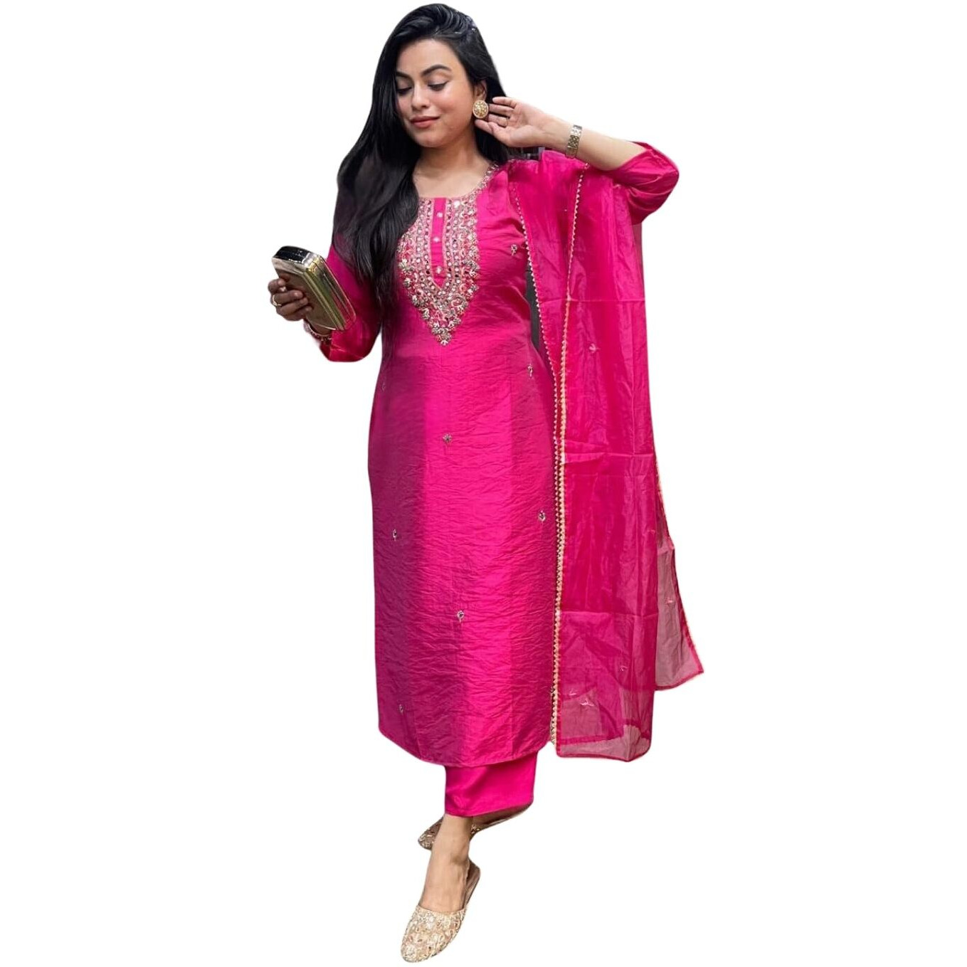 Naixa Women's Rani Chanderi Viscose Embroidered Straight Kurta with Chanderi Viscose Pant and Pure Organza Embroidered Laced Dupatta Sets (NX-S-Zara-Rani-M)