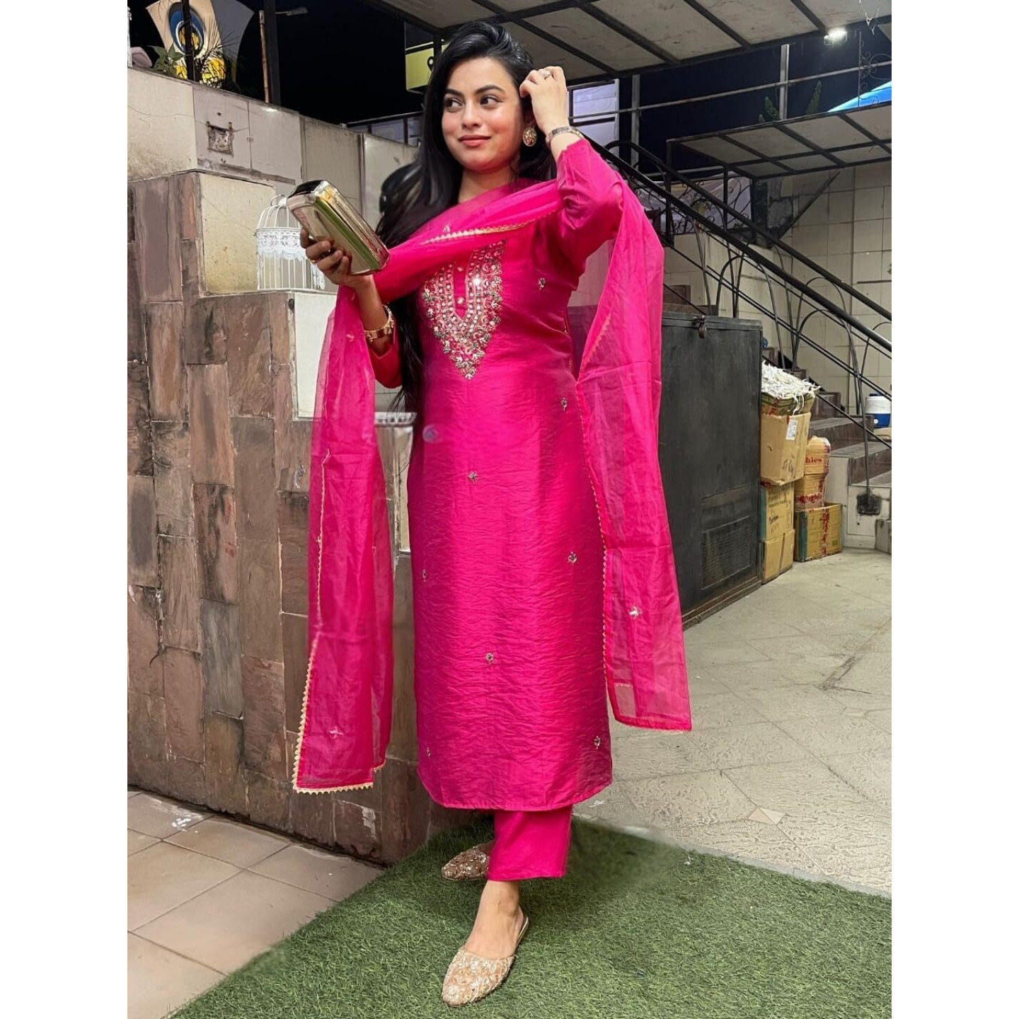 Naixa Women's Rani Chanderi Viscose Embroidered Straight Kurta with Chanderi Viscose Pant and Pure Organza Embroidered Laced Dupatta Sets (NX-S-Zara-Rani-M)