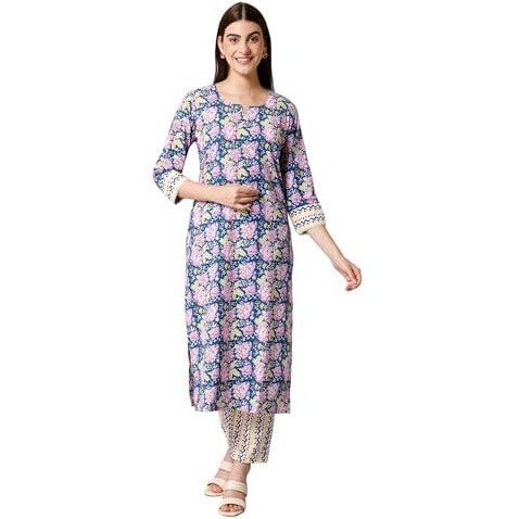 Bee M Pee Designer Cotton Floral Regular Kurti Kurta Set with Pant for Women(Zara)_Navy