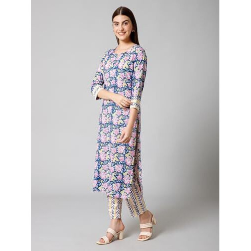 Bee M Pee Designer Cotton Floral Regular Kurti Kurta Set with Pant for Women(Zara)_Navy