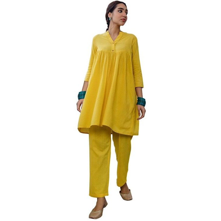 Janasya Women's Yellow Cotton Jacquard Self Design Gathered Co-Ord Set(JAA24CD00201-M)